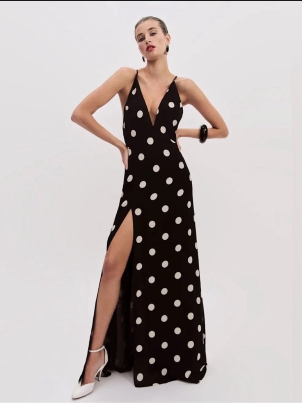 Reformation Black and White Polka Dot V-Neck Maxi Dress with Slit